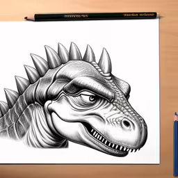 a drawing of an alien dinosaur with teeth,a drawing of an adult dinosaur in progress,a drawing of a t - shirt with a dinosaur head on it,the pencil drawing is showing a dinosaur face,a drawing of a dinosaur that is looking at the camera