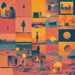 a collage with people and animals in it, orange, green, blue and yellow,a poster of people and animals in an open space
