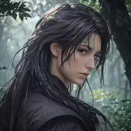 a young woman with long dark hair looking into the distance