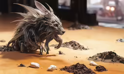 a plastic animal with horns and fur and long teeth is in the dirt
