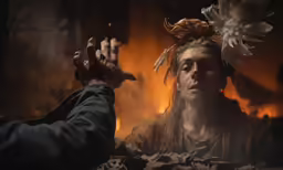 two men in the dark one with long hair and feather headgear