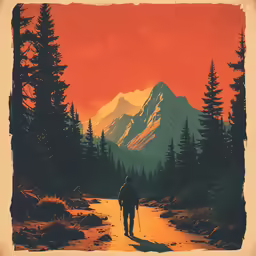 a poster depicting a man walking on a path in the mountains