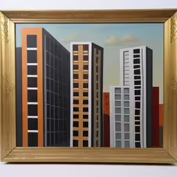 a painting of many different buildings with clouds,a painting with a picture frame in it of tall buildings