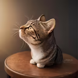a cat is sitting on a brown chair