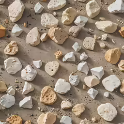 many rocks and biscuits are arranged on concrete