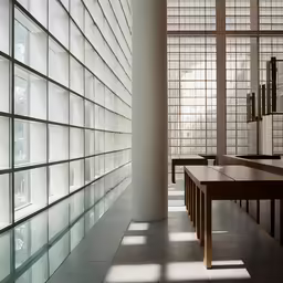 the glassed wall is lined up next to the benches