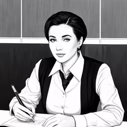 black and white illustration of woman writing with pen