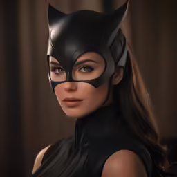 a model wears a cat mask with an open hood
