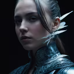 the woman with feathers on her neck looks at the camera