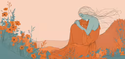 an illustration of a woman sitting on a rock near flowers,an abstract painting of a woman with a long veil on her head sitting in a flowered meadow
