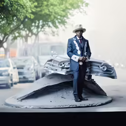 a man in a blue suit and hat stands on the back of a piece of metal