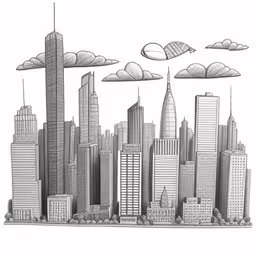 an illustration of a cityscape with different clouds,cityscape with skyscrapers and clouds drawn in pencil