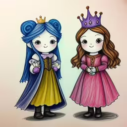 two little girls are dressed up in princess dresses and crowns,two drawing style pictures of a girl and a boy, dressed as princesses