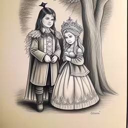 a drawing of a man and woman dressed up as children,this is an image of a drawing of a prince and princess