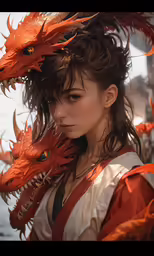 a woman dressed in red and wearing a dragon costume