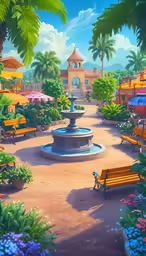 the garden and fountain have been colored with bright colors
