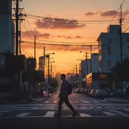 a person walking across a street next to traffic lights