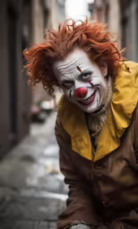 the clown has red hair and white makeup