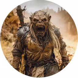 an old - fashioned portrait of a demonic monster warrior holding a sword