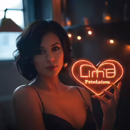 a woman posing for a picture with a neon sign