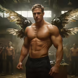 a male model in front of men with wings
