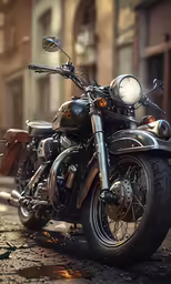 the motorcycle is parked next to a brown building