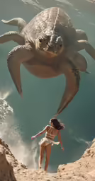 a girl looking at the reflection in the water, and a turtle coming out of the water
