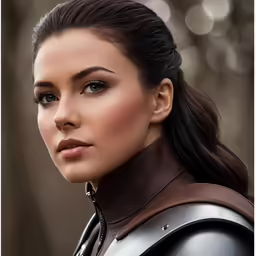 a beautiful young lady wearing armor looking into the distance