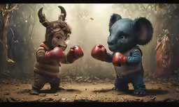 two animals dressed up like they are boxing