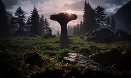a shadow forest scene with trees and a strange animal