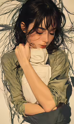 a person with their arm crossed while wearing a scarf