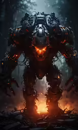 a humanoid creature made with various mechanical parts, surrounded by trees