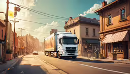 a truck on the road and buildings next to it,truck driving down an empty city street with cars
