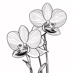 a flower with large leaves in the corner,three flowers are drawn in black and white,some flower drawing is shown on white background,two orchids are in black and white with long stem stems,line drawing of an orchid flower