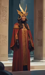 a statue of a queen wearing a golden costume