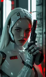 a female robot fighter holding a gun