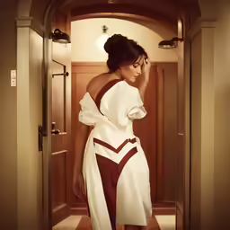 a woman is standing in the doorway wearing a gown