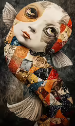 the doll has a face made from small objects