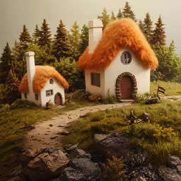 small buildings with red tops sitting on top of grass