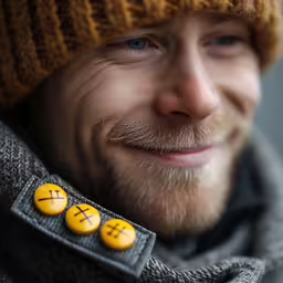a close up of a person wearing a hat and scarf,man with hat and button on grey sweater