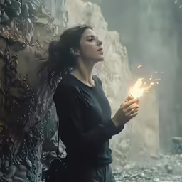 a woman looks up while holding some sparklers