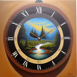 a painting is displayed on a clock with mountains and a river,the colorful clock features two different pictures,there is a clock that is painted on the wall,a clock with a river scene painted on it,a clock with a lake scene painted on the front and back of it