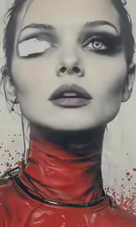 a woman with long dark hair has a red collar