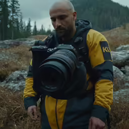 a man standing in the middle of grass holding a camera