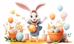 a cartoon rabbit is holding an orange near some eggs