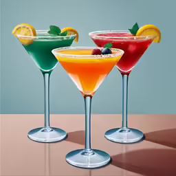 3 colorful cocktails with lime slices and a mint