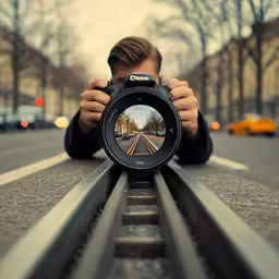 a person taking a photo on the side of train tracks