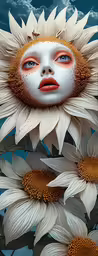 a sunflower with a face is surrounded by some flowers