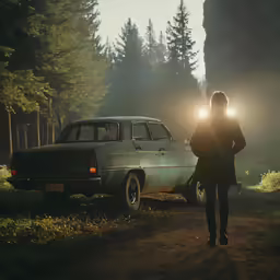 a person walking down a trail next to a car with headlights