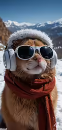 a dog wearing headphones and scarf and sunglasses
